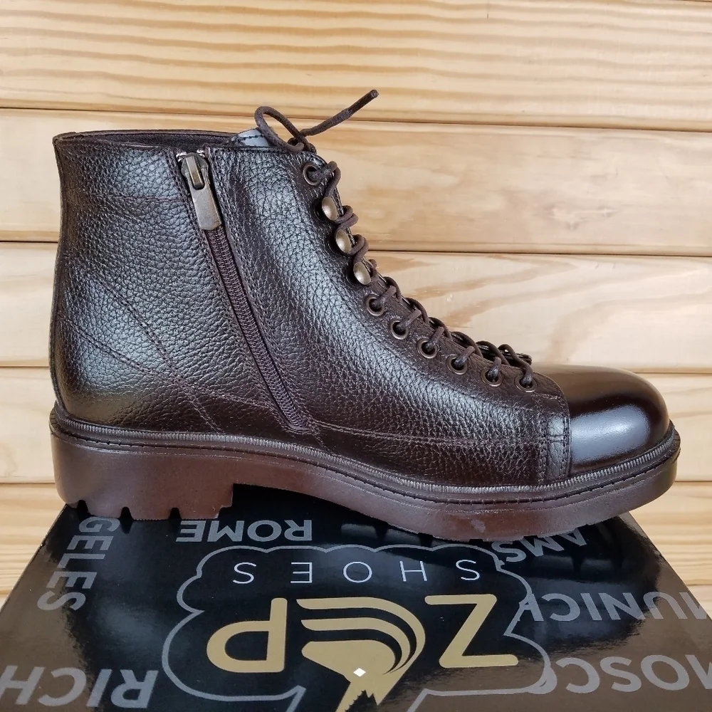 Mens 100% Genuine Leather Brown Ankle Boots 9 US by Paul Branco Side Zip Lace-up